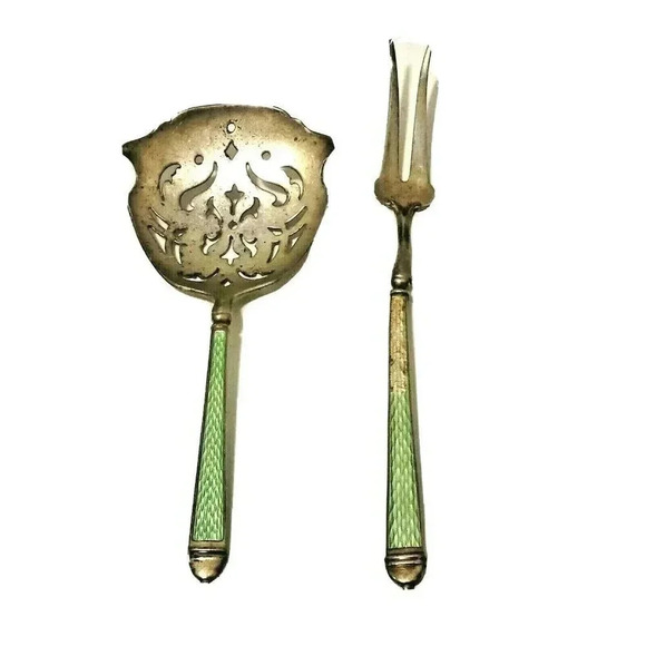 Watson Bon-Bon Nut Spoon Olive Fork Set Sterling Silver Guilloche Enamel Handle - Picture 1 of 5